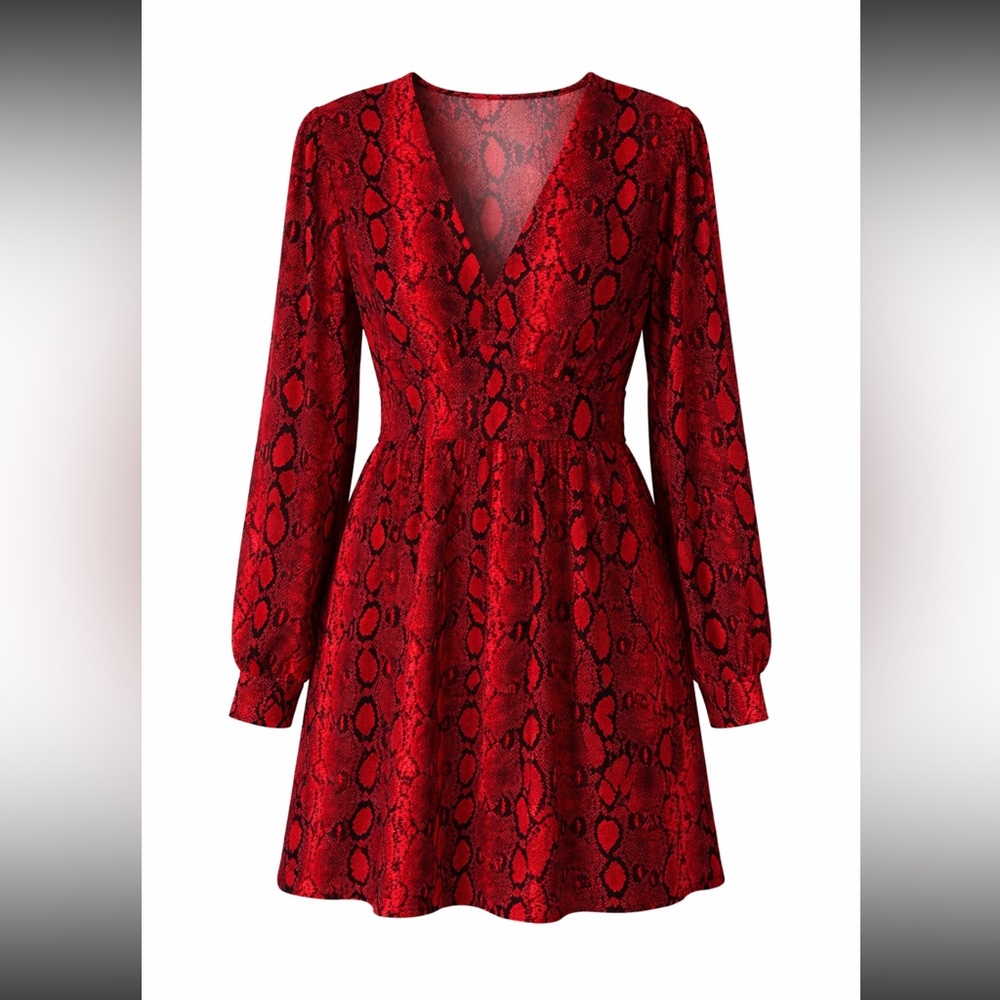 Michael Kors Red and Black Snake Print Long Sleeve V-Neck Mini Dress Sz L